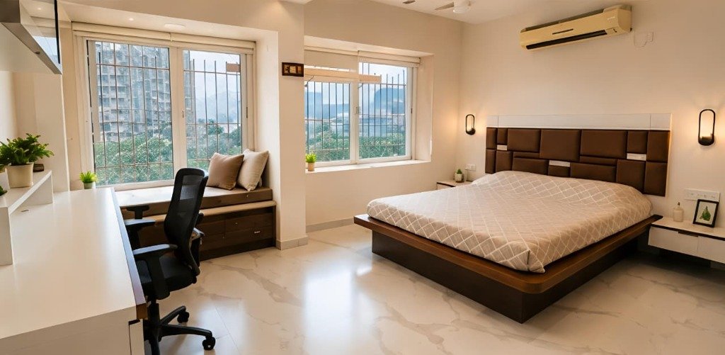 Minimalist luxury master bedroom with ambient lighting in Mumbai